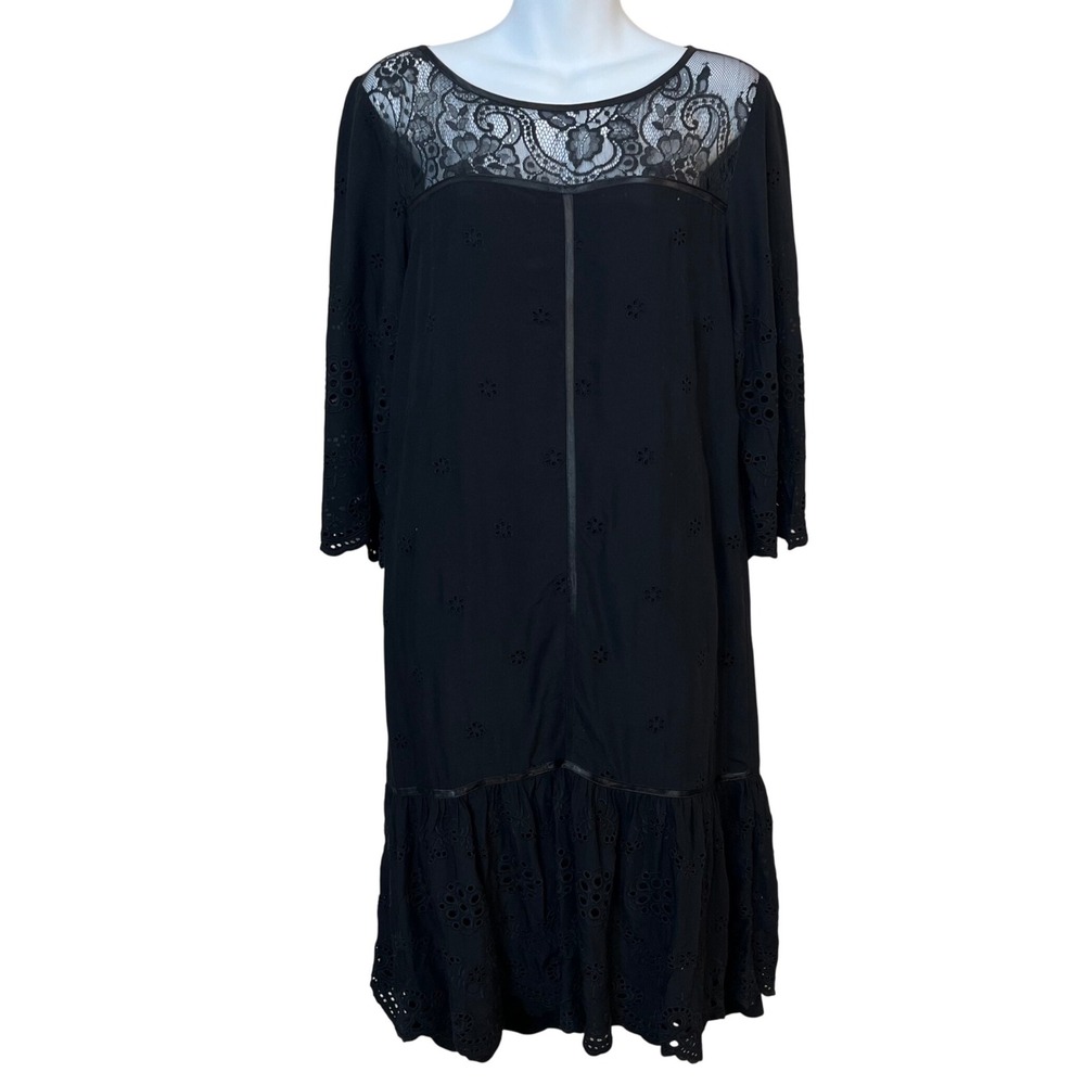 Sundance Nadine Crochet Embroidered Eyelet Dress Black Women's Size Medium